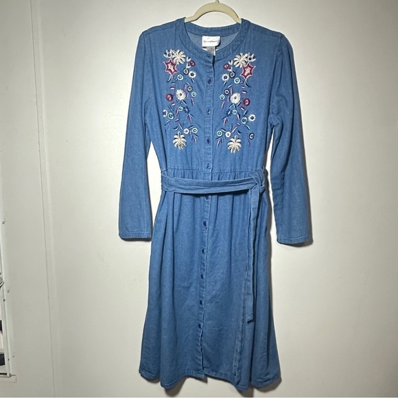 Vintage Denim Moves Midi Floral Embroidered Denim Dress with Belt Size Large - Picture 1 of 5